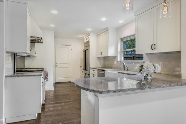 Interior, Kitchen, Recessed Lighting, Stainless Steel Appliances, Wood Texture Flooring