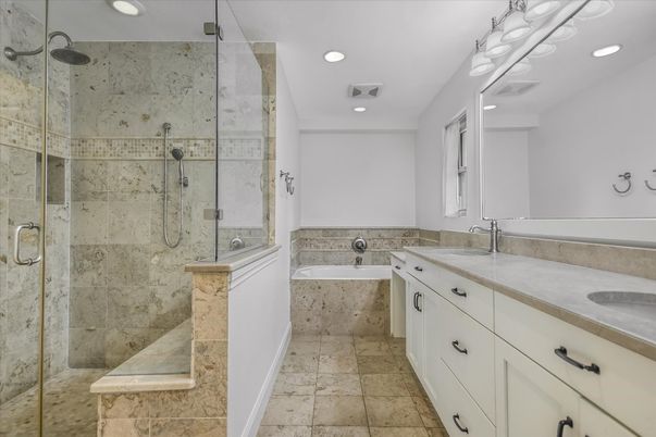 Bathroom, Dual Sink Vanities, Glass Shower, Interior, Recessed Lighting