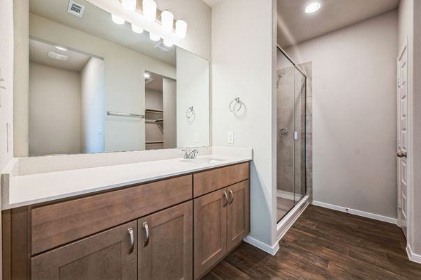 Bathroom, Glass Shower, Interior, Recessed Lighting, Wood Texture Flooring