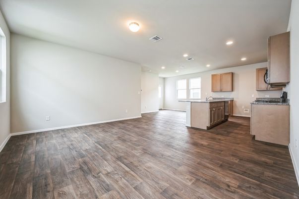 Empty room, Interior, Kitchen, Recessed Lighting, Wood Texture Flooring