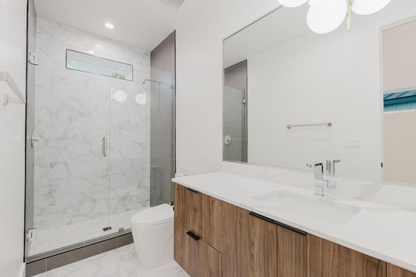 Bathroom, Glass Shower, Interior, Marble, Marble Walls, Recessed Lighting