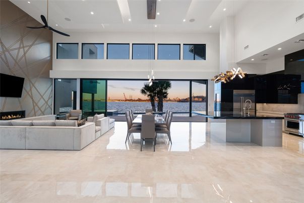 Dining room, Fireplace, Interior, Kitchen, Living room, Pendant Lights, Recessed Lighting, Stainless Steel Appliances, Water