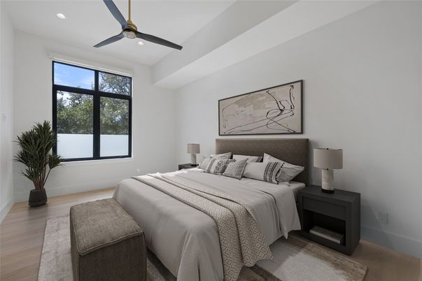 Bedroom, Interior, Recessed Lighting, Wood Texture Flooring