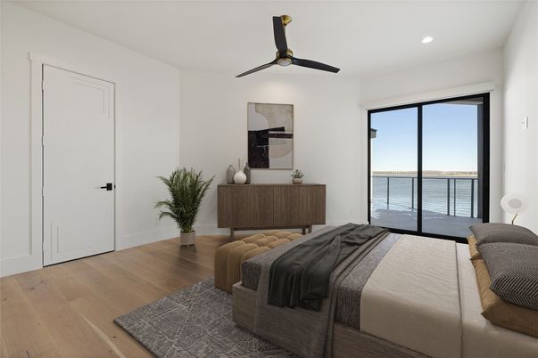 Bedroom, Interior, Recessed Lighting, Water, Wood Texture Flooring