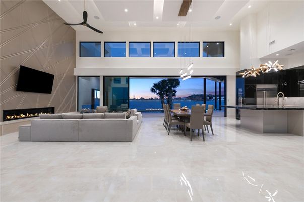 Dining room, Fireplace, Interior, Kitchen, Living room, Pendant Lights, Recessed Lighting