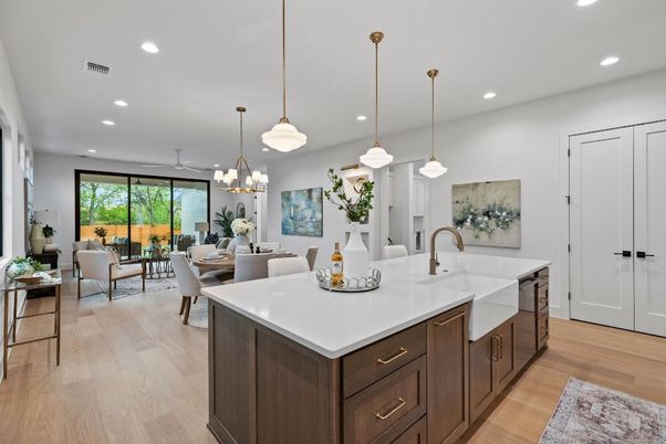 Dining room, Interior, Kitchen, Living room, Pendant Lights, Recessed Lighting, Wood Texture Flooring