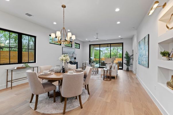 Dining room, Fireplace, Interior, Recessed Lighting, Wood Texture Flooring