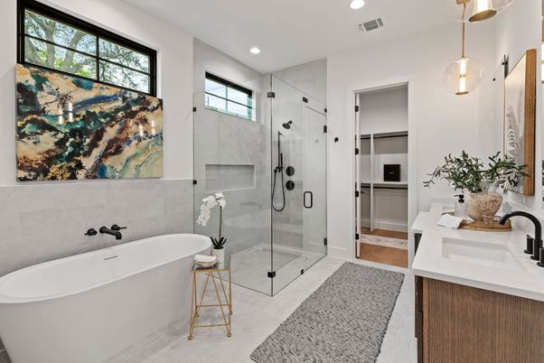 Bathroom, Dual Sink Vanities, Free Standing Baths, Glass Shower, Interior, Pendant Lights, Recessed Lighting