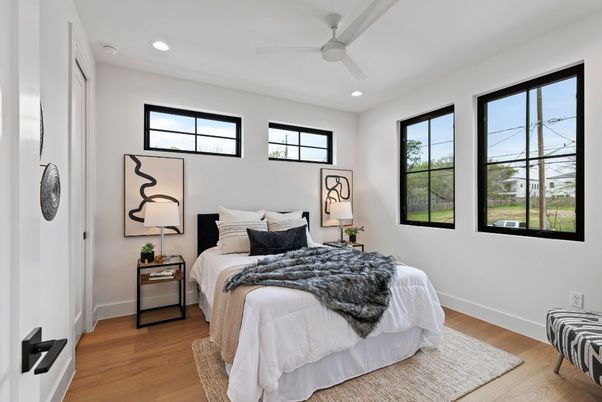 Bedroom, Interior, Recessed Lighting, Wood Texture Flooring