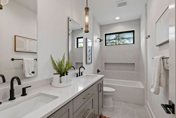 Bathroom, Dual Sink Vanities, Interior, Pendant Lights, Recessed Lighting