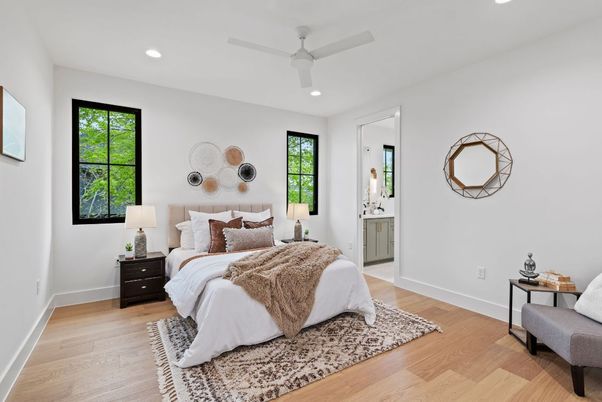 Bedroom, Interior, Recessed Lighting, Wood Texture Flooring