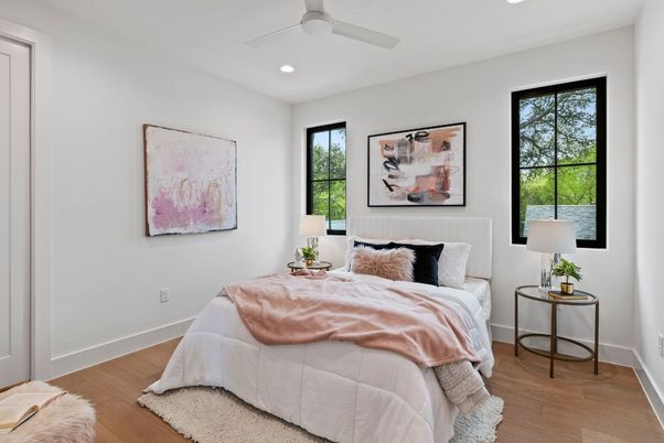 Bedroom, Interior, Recessed Lighting, Wood Texture Flooring