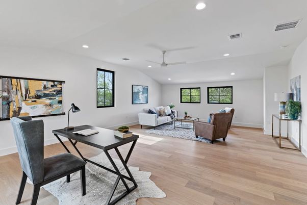 Home Office, Interior, Living room, Recessed Lighting, Wood Texture Flooring