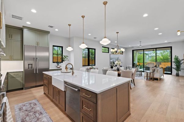 Dining room, Interior, Kitchen, Living room, Pendant Lights, Recessed Lighting, Stainless Steel Appliances, Wood Texture Flooring