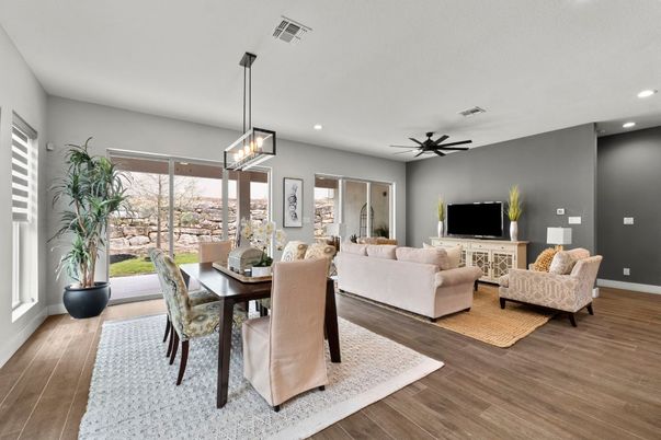Dining room, Interior, Living room, Pendant Lights, Recessed Lighting, Wood Texture Flooring
