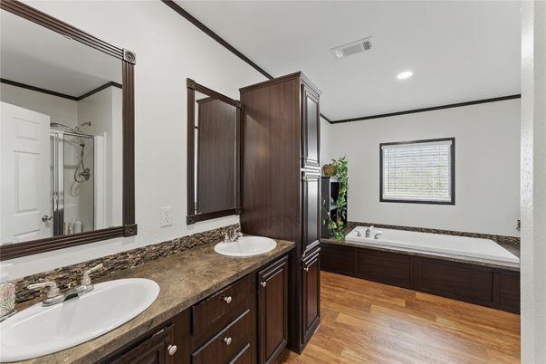 Bathroom, Dual Sink Vanities, Interior, Recessed Lighting, Wood Texture Flooring