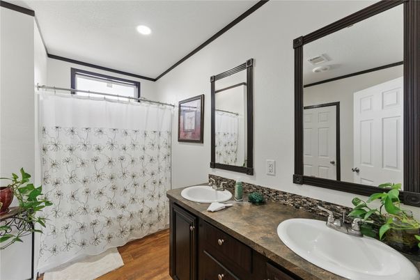 Bathroom, Dual Sink Vanities, Interior, Recessed Lighting, Wood Texture Flooring