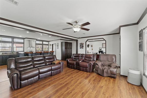 Interior, Kitchen, Living room, Recessed Lighting, Wood Texture Flooring