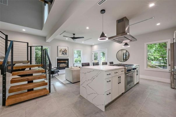 Fireplace, Interior, Kitchen, Living room, Pendant Lights, Recessed Lighting, Stainless Steel Appliances