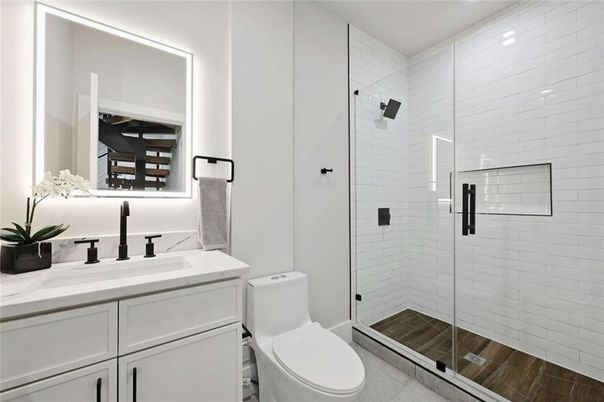 Bathroom, Glass Shower, Interior, Wood Texture Flooring