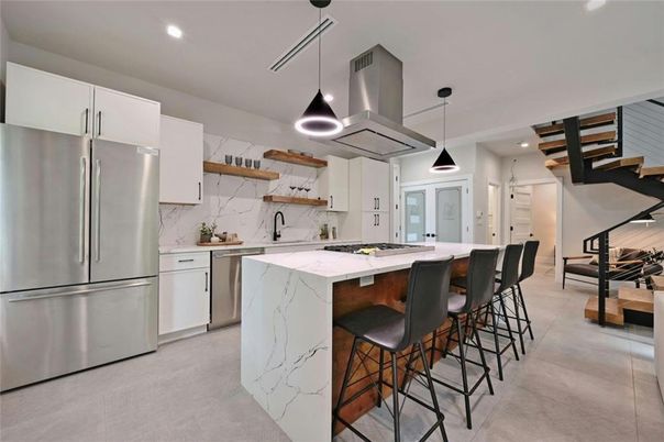 Interior, Kitchen, Marble Walls, Pendant Lights, Recessed Lighting, Stainless Steel Appliances