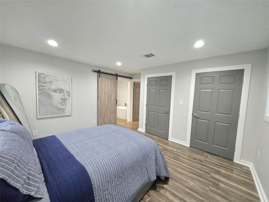 Bedroom, Interior, Recessed Lighting, Wood Texture Flooring