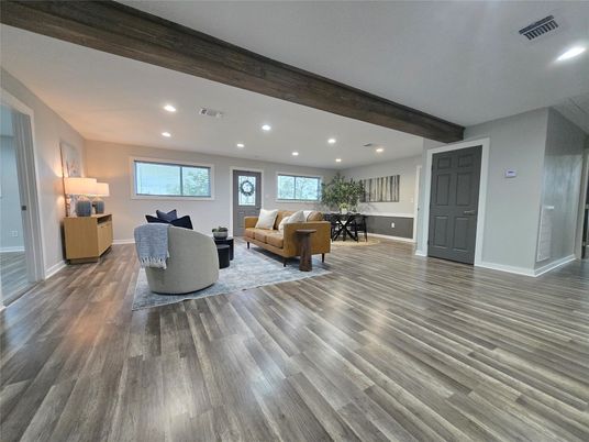 Interior, Living room, Recessed Lighting, Wooden Beams, Wood Texture Flooring