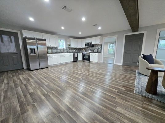 Interior, Kitchen, Recessed Lighting, Stainless Steel Appliances, Wooden Beams, Wood Texture Flooring