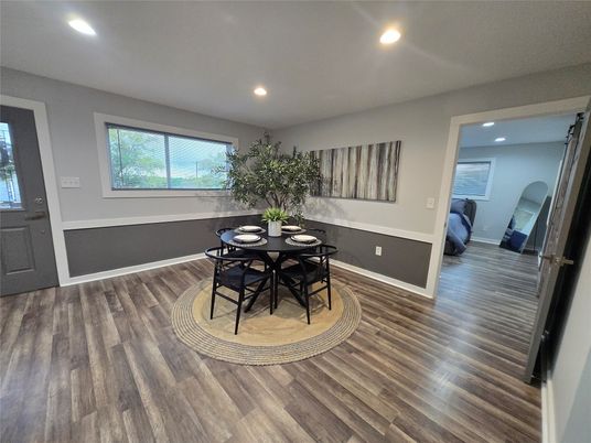 Dining room, Interior, Recessed Lighting, Wood Texture Flooring
