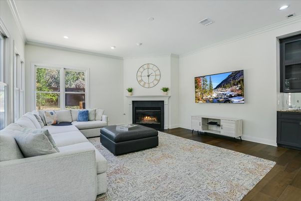 Fireplace, Interior, Living room, Recessed Lighting, Wood Texture Flooring
