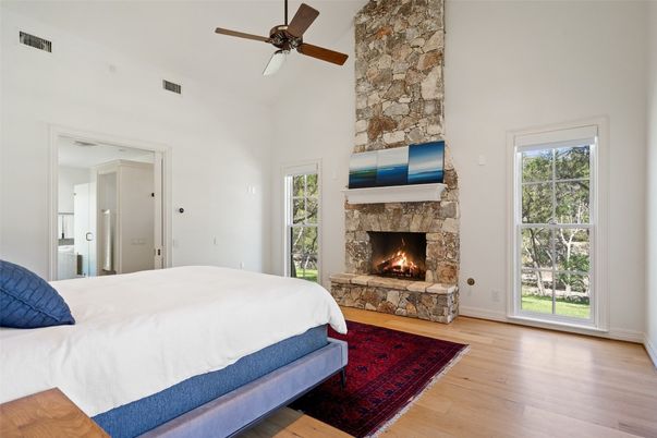 Bedroom, Fireplace, Interior, Stone Walls, Wood Texture Flooring