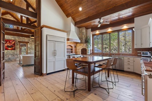 Dining room, Fireplace, Interior, Kitchen, Recessed Lighting, Stone Walls, Wooden Beams, Wooden Ceilings, Wood Texture Flooring