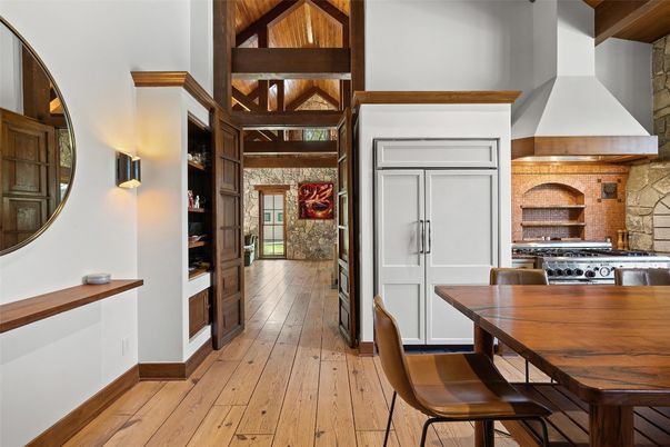 Dining room, Fireplace, Interior, Stone Walls, Wood Texture Flooring