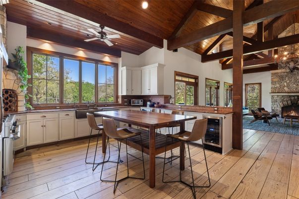 Dining room, Fireplace, Interior, Kitchen, Recessed Lighting, Stone Walls, Wooden Beams, Wooden Ceilings, Wood Texture Flooring