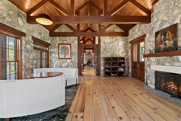 Fireplace, Interior, Pendant Lights, Stone Walls, Wooden Beams, Wooden Ceilings, Wood Texture Flooring