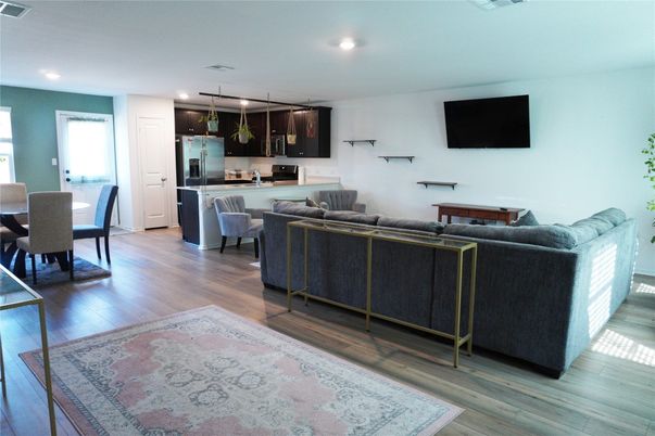 Dining room, Interior, Kitchen, Living room, Pendant Lights, Recessed Lighting, Wood Texture Flooring
