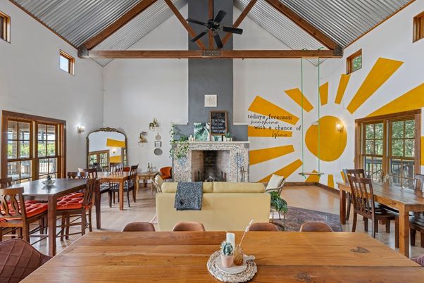 Dining room, Fireplace, Interior, Living room, Pendant Lights, Wooden Beams, Wood Texture Flooring