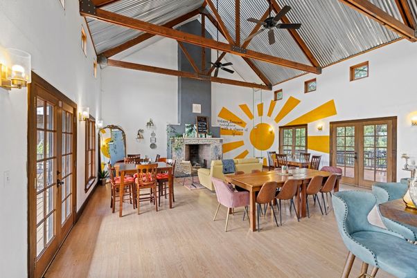 Dining room, Fireplace, Interior, Wooden Beams, Wood Texture Flooring