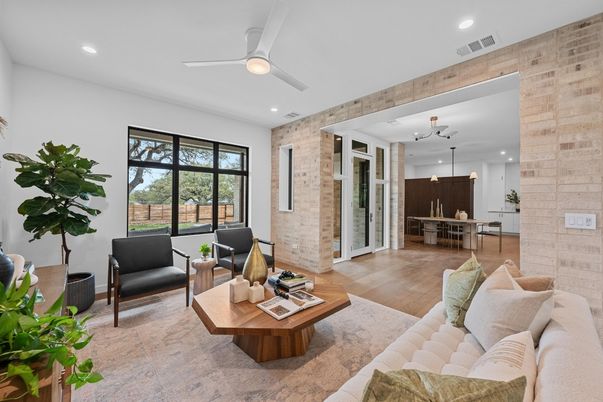 Dining room, Interior, Kitchen, Living room, Pendant Lights, Recessed Lighting, Stone Walls, Wood Texture Flooring
