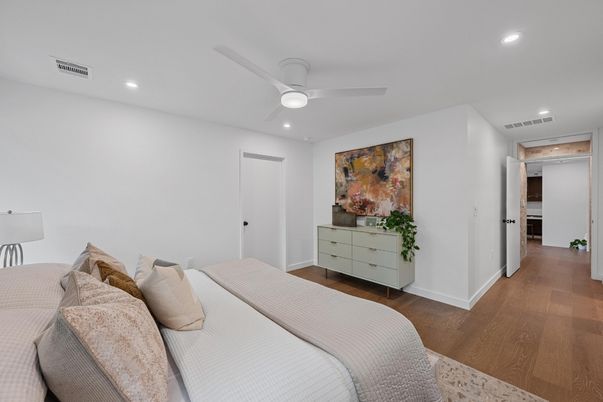 Bedroom, Interior, Recessed Lighting, Wood Texture Flooring