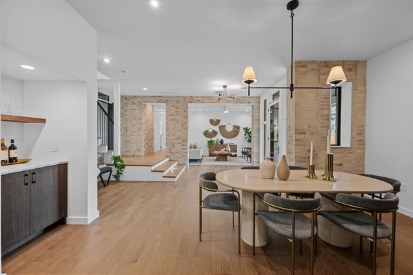 Dining room, Interior, Pendant Lights, Recessed Lighting, Stone Walls, Wood Texture Flooring