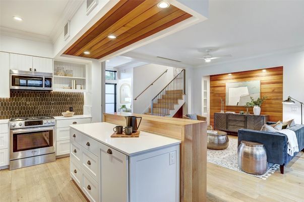 Interior, Kitchen, Recessed Lighting, Stainless Steel Appliances, Wood Texture Flooring, Wooden Walls