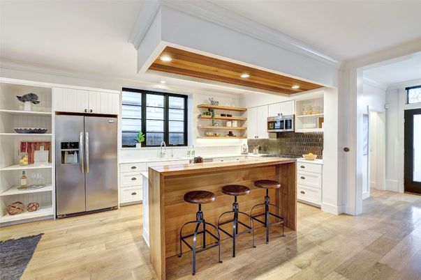 Interior, Kitchen, Recessed Lighting, Stainless Steel Appliances, Wood Texture Flooring
