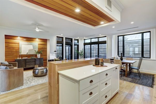 Dining room, Interior, Living room, Recessed Lighting, Wooden Ceilings, Wood Texture Flooring, Wooden Walls