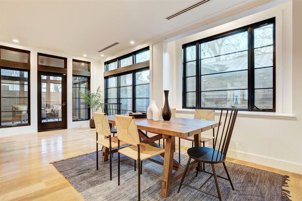 Dining room, Interior, Recessed Lighting, Wood Texture Flooring