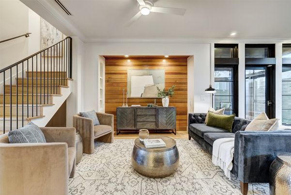Interior, Living room, Recessed Lighting, Wood Texture Flooring, Wooden Walls