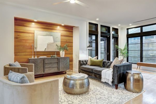 Interior, Living room, Recessed Lighting, Wood Texture Flooring, Wooden Walls