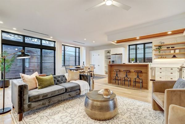 Dining room, Interior, Kitchen, Living room, Recessed Lighting, Stainless Steel Appliances, Wood Texture Flooring