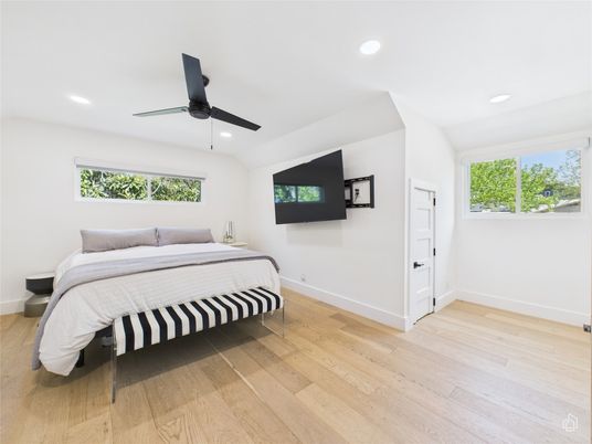 Bedroom, Interior, Recessed Lighting, Wood Texture Flooring