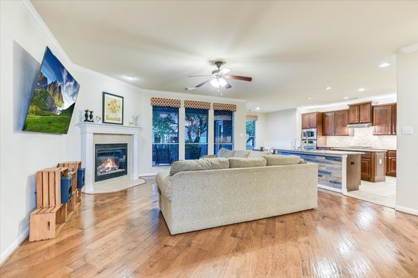 Fireplace, Interior, Kitchen, Living room, Recessed Lighting, Wood Texture Flooring